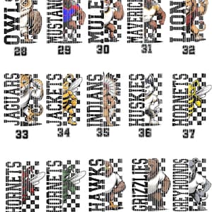 K&ouml;nnte beinhalten: Eine Sammlung von Sportteam-Maskottchen-Designs, die jeweils ein anderes Tier oder einen Charakter zeigen. Die Designs umfassen eine Eule, einen Mustang, einen Maultier, einen L&ouml;wen, einen Jaguar, eine Biene, einen Indianer, einen Husky, eine Hornisse, einen Falken, einen Grizzlyb&auml;ren und einen Greyhound.