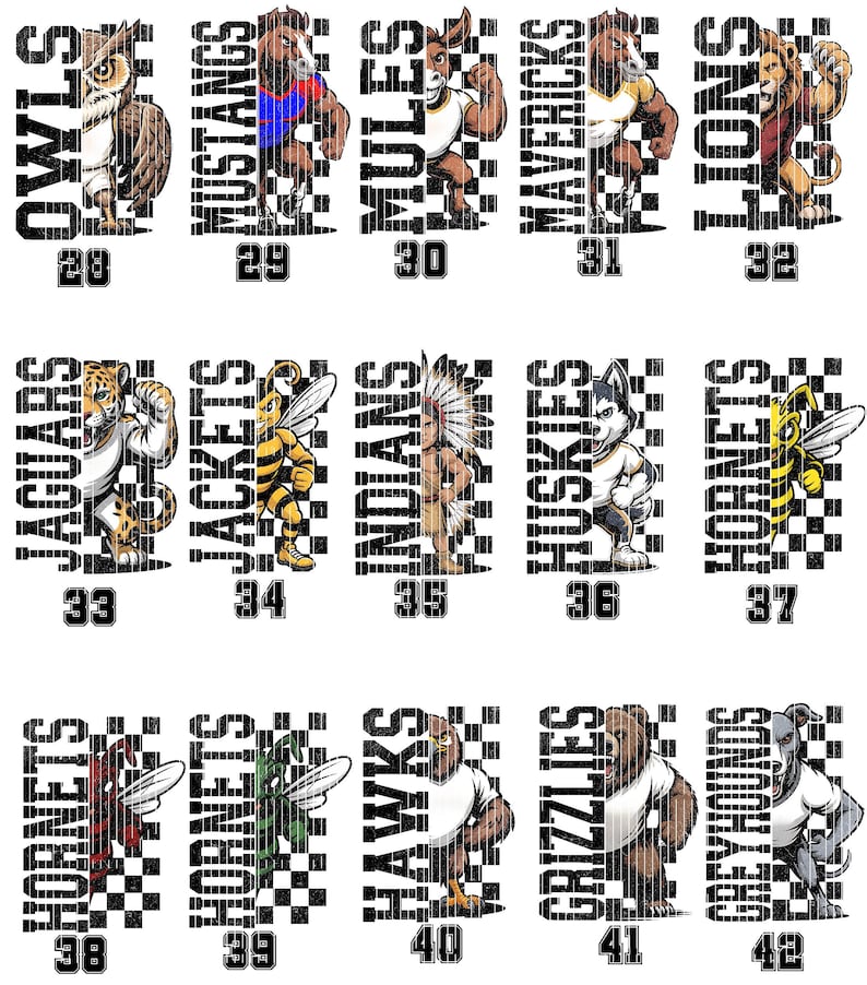 K&ouml;nnte beinhalten: Eine Sammlung von Sportteam-Maskottchen-Designs, die jeweils ein anderes Tier oder einen Charakter zeigen. Die Designs umfassen eine Eule, einen Mustang, einen Maultier, einen L&ouml;wen, einen Jaguar, eine Biene, einen Indianer, einen Husky, eine Hornisse, einen Falken, einen Grizzlyb&auml;ren und einen Greyhound.