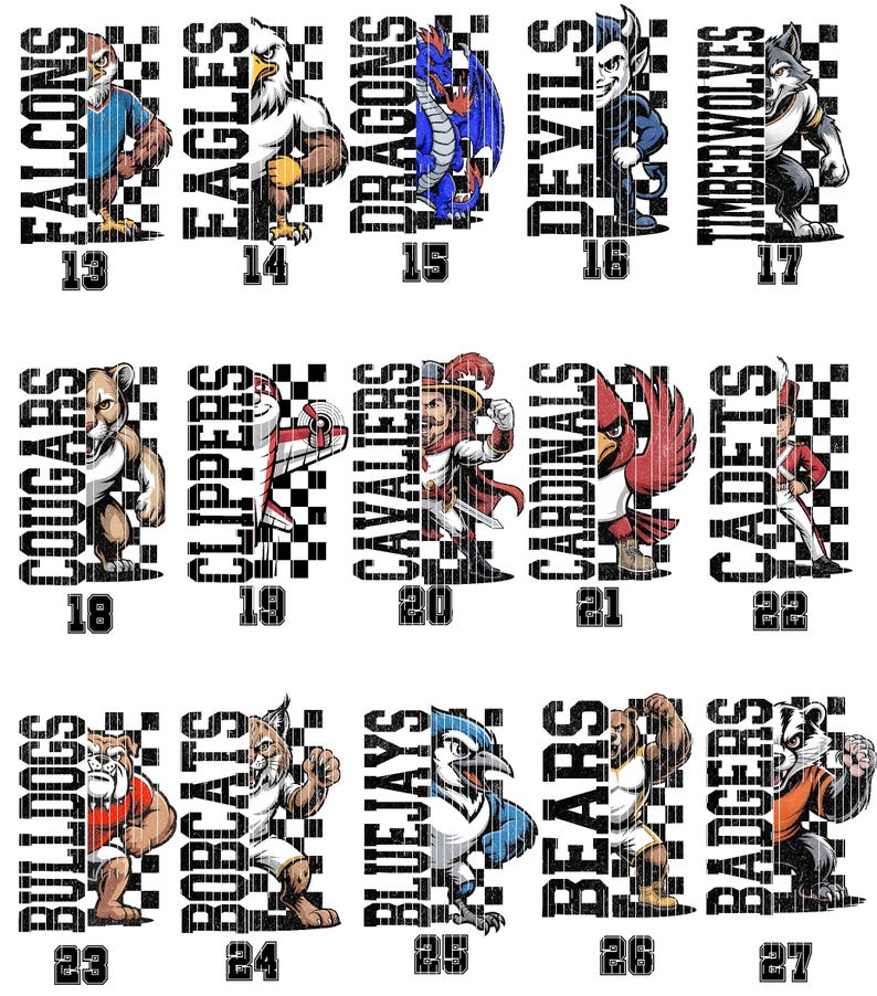 K&ouml;nnte beinhalten: Eine Sammlung von Sportteam-Logos, die jeweils ein Maskottchen und den Teamnamen zeigen. Die Logos zeigen einen Falken, Adler, Drachen, Teufel, Timberwolf, Puma, Clipper, Kavallier, Kardinal, Kadett, Bulldogge, Bobcat, Bluejay, B&auml;r und Dachs.