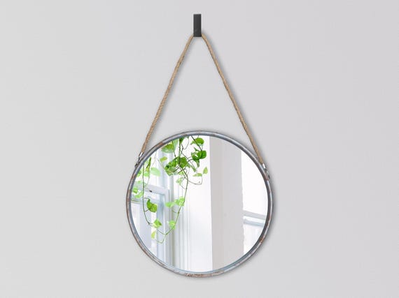 Round Mirror 47cm Wall Mirror Vintage Silver Metal Frame Rope Hanging Mirrors Industrial Style Bathroom Bedroom Livingroom Hallway