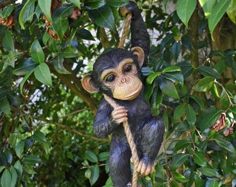 Climbing Monkey Sculpture Rope Hanging Playing Baby Chimpanzee Garden Ornament Tree Mount