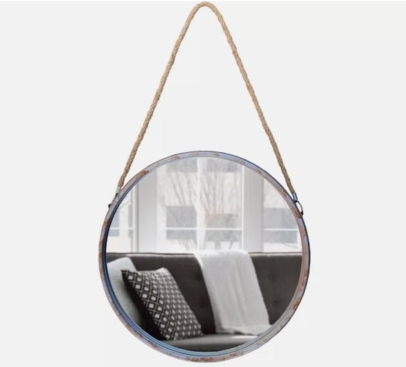 Large Round Wall Mirror 52cm Vintage Silver Metal Frame Hanging Mirrors Industrial Style bathroom
