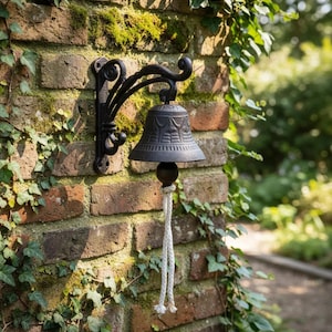 May include: A black cast iron wall-mounted bell featuring an ornate scrollwork bracket and a decorative embossed pattern on the bell surface. A dark spherical clapper hangs from the centre, attached to a thick, off-white braided rope pull.