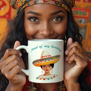 women Wears Sombrero Hat Mug Hispanic Heritage Month Mug Latina Power Latin America Heritage colleague Gift Her Him Cute Cartoon Mug Holiday