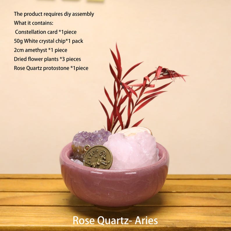 May include: A pink ceramic bowl containing a 2cm amethyst, a rose quartz protostone, 50g of white crystal chips, and three dried red flower plants. A bronze-colored Aries constellation charm is included. Text lists contents and assembly requirements.