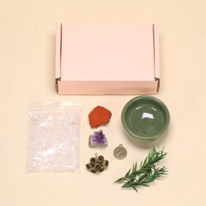 May include: A light pink rectangular cardboard box, a clear plastic bag filled with small clear crystals, a piece of red jasper, an amethyst cluster, a round green ceramic bowl, a bronze Aquarius zodiac charm, and a small sprig of green leaves.