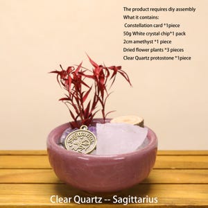 May include: A pink ceramic bowl containing a Sagittarius charm, a clear quartz stone, a 2cm amethyst, three dried red plants, and 50g of white crystal chips. Text lists assembly components including a constellation card and dried flower plants.