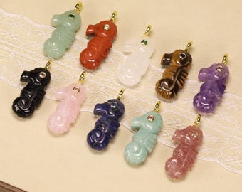 Gemstone Carved Seahorse Pendant, Quartz Crystal Animal With Inlaid Colored Zircons, For Jewelry Making, Gift For Her