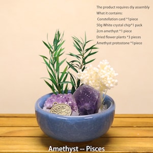 May include: A blue ceramic bowl containing a Pisces charm, a 2cm amethyst, a cluster of white crystal chips, dried flower plants, and an amethyst protostone. Text lists: The product requires diy assembly, Constellation card, 50g White crystal chip, 2cm amethyst, Dried flower plants, Amethyst protostone.