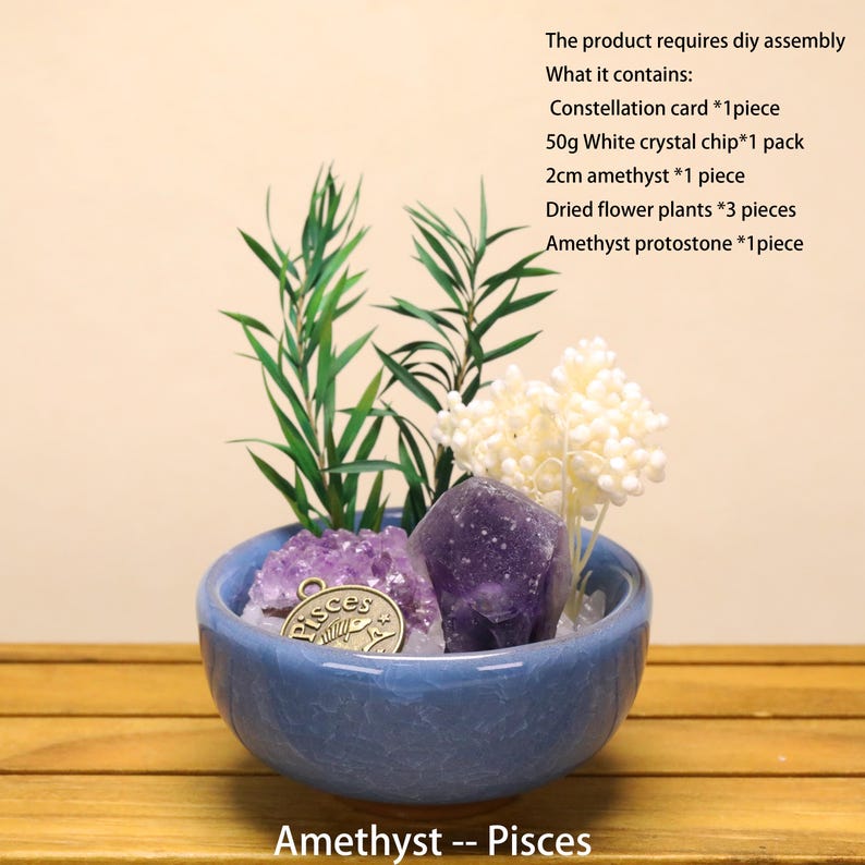 May include: A blue ceramic bowl containing a Pisces charm, a 2cm amethyst, a cluster of white crystal chips, dried flower plants, and an amethyst protostone. Text lists: The product requires diy assembly, Constellation card, 50g White crystal chip, 2cm amethyst, Dried flower plants, Amethyst protostone.