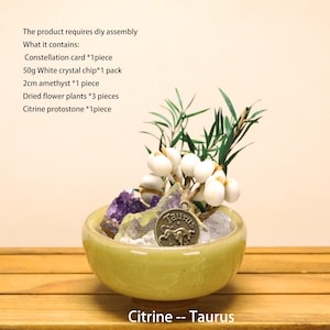 May include: A light green ceramic bowl containing white crystal chips, a purple amethyst stone, a citrine stone, dried green plants, white berries, and a bronze-colored Taurus zodiac charm. Text lists contents including 50g crystal chips and 2cm amethyst.