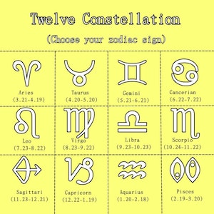 May include: A yellow chart displaying the Twelve Constellation and Choose your zodiac sign text. It features twelve white outlined zodiac symbols with their names and date ranges, including Aries, Taurus, Gemini, Cancerian, Leo, Virgo, Libra, Scorpio, Sagittari, Capricorn, Aquarius, and Pisces.