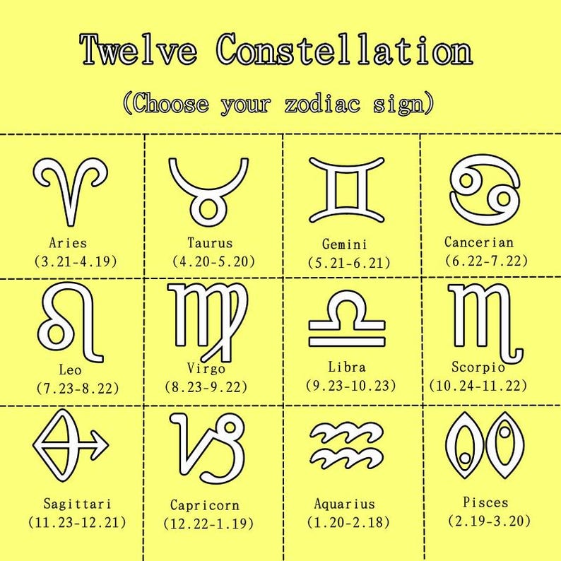 May include: A yellow chart displaying the Twelve Constellation and Choose your zodiac sign text. It features twelve white outlined zodiac symbols with their names and date ranges, including Aries, Taurus, Gemini, Cancerian, Leo, Virgo, Libra, Scorpio, Sagittari, Capricorn, Aquarius, and Pisces.
