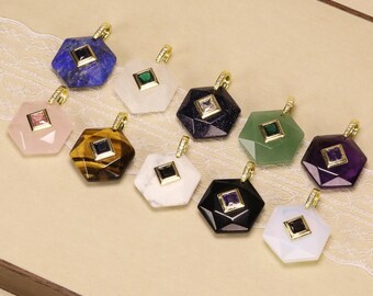 Natural Gemstone Hexagon Pendant,Square Zircon Inlay,28mm Faceted Crystal Charm For Necklace Layering,DIY Jewelry Making Supply,Gift for Her