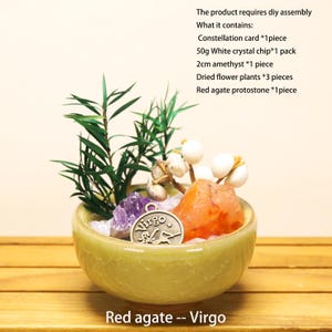May include: A light green ceramic bowl containing a DIY assembly kit with a Virgo constellation charm, a 2cm amethyst, 50g of white crystal chips, three dried flower plants, and a red agate protostone. Text lists contents and assembly requirements.