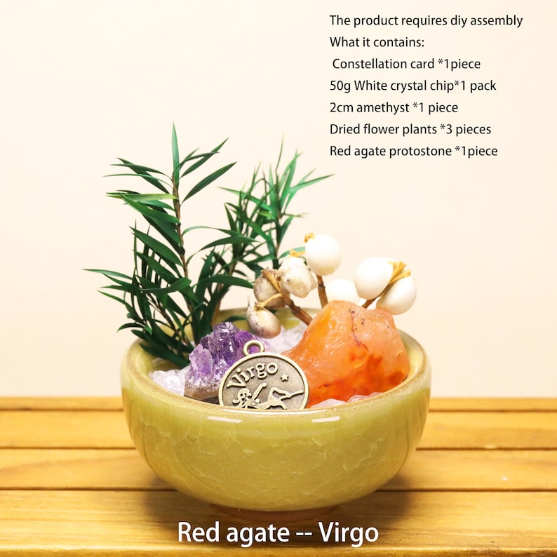 May include: A light green ceramic bowl containing a DIY assembly kit with a Virgo constellation charm, a 2cm amethyst, 50g of white crystal chips, three dried flower plants, and a red agate protostone. Text lists contents and assembly requirements.