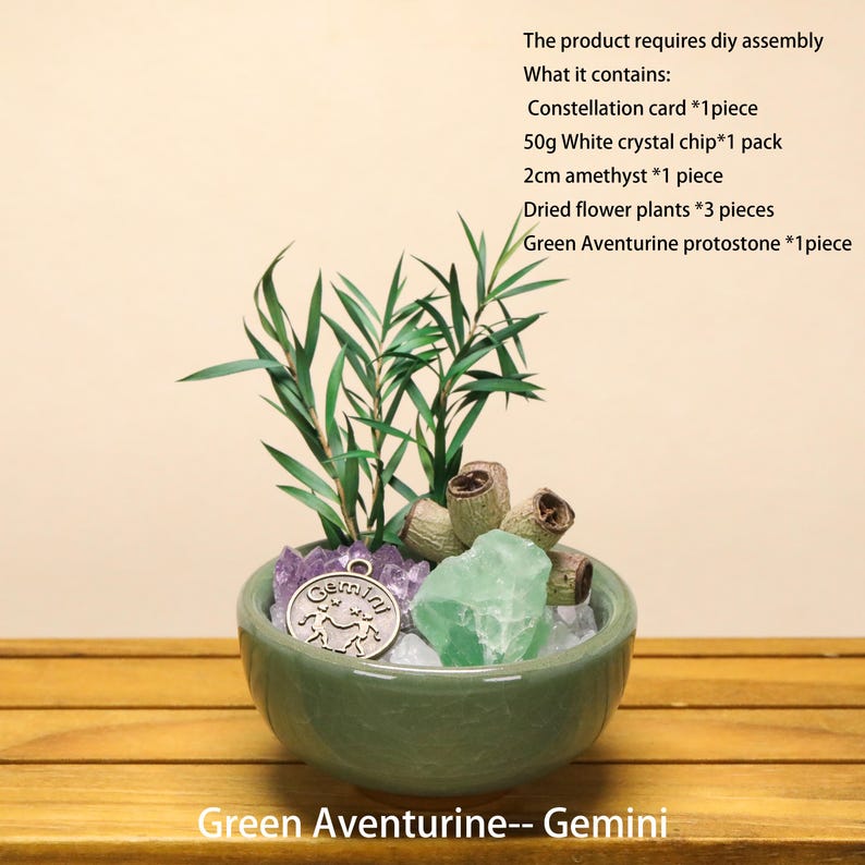 May include: A light green ceramic bowl containing a DIY assembly kit with green aventurine, a 2cm amethyst, white crystal chips, three dried flower plants, and a round metal charm embossed with the Gemini zodiac sign and text.