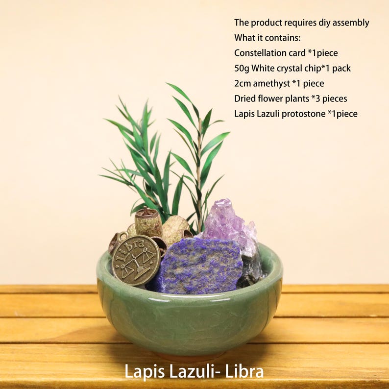 May include: A green ceramic bowl containing a DIY assembly kit with a Libra constellation card, 50g of white crystal chips, a 2cm amethyst, three dried flower plants, and one Lapis Lazuli stone. The text reads: The product requires diy assembly.