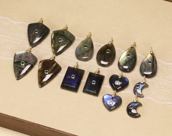 Natural Labradorite Pendant With Zircon,For Jewelry Making.Heart/Rectangular/Teardrop   Multiple Pptions.Labradorite Necklace For Gifts