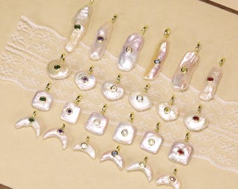 Freshwater Pearl Pendant With Inlaid Colored Zircon,Baroque Pearl DIY Necklace Bracelet Jewelry Charm,Teardrop/Heart shape/Moon More Choose