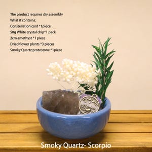 May include: A blue ceramic bowl containing a smoky quartz stone, a 2cm amethyst, white crystal chips, three dried flower plants, and a round bronze-colored Scorpio zodiac charm. Text lists contents including a constellation card and assembly.