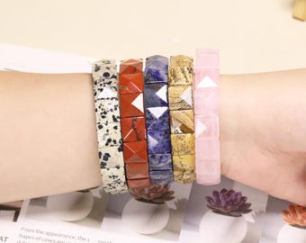 Handcrafted Natural Gemstone Pyramid-Cut Wide Elastic Bracelet, Square Healing Crystal Bracelet, Gift For Grandmother