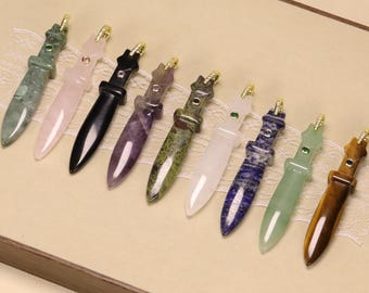 Inlaid Zircon Natural Gemstone Sword Pendant，Crystal Dagger Pendant，For Diy Jewelry Makings Supply