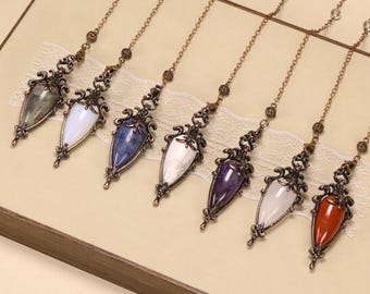 Vintage Natural Gemstone Pendulum Pendant, Crystal Dowsing Divination Pendulum Healing Stone Pendulum Jewelry Supply Gift