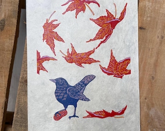 リノカット版画「黒い鳥」