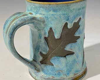 Leaf Mug - light blue with pin oak leaves