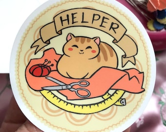 Pegatina de vinilo troquelada de 3" con diseño de gato de Helper Sewing Craft
