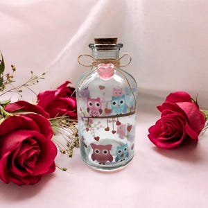 Cute Glass Bottle / Glass Bottle with Cork / Glass Container / Glass jar with Hearts / Decorative Glass Container / Glass Jar with Owls