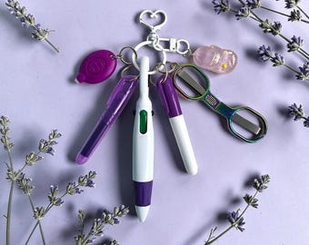 Badge Reel Keychain Accessory Set: Mini pen, Highlighter, Dry Erase Marker, Scissors Penlight, Charms