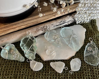 Beach Coast Sea Glass Pendant: Silver Wire Wrapped Necklace, Keychain, jewelry gifts, treasures, trinkets