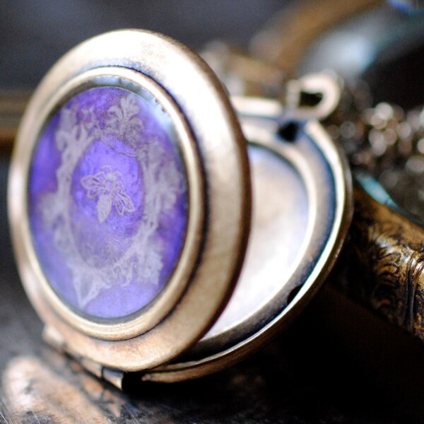 Art Locket Necklace featuring a Honey Bee - The purple, iconic pendant looks vintage with a romantic flair