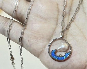 淡水パール＆ブルーオパールウェーブネックレス：スターリングシルバーのマーメイドジュエリー