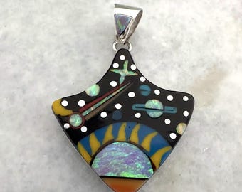 Native Zuni Sterling Silver Celestial Pendant Opal Turquoise Navajo Starry Sky Jewelry
