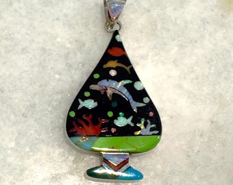 Native Zuni Inlay Pendant Sterling Silver Ocean Sea Life Navajo Artisan Jewelry