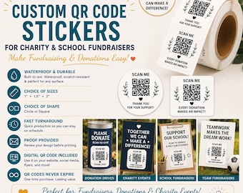 Charity Custom Made QR Code Stickers for School Fundraiser Raffles Waterproof Labels (1", 1.5", 2")
