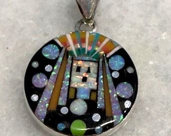Gemstone Native Kachina Sun Face Pendant Navajo Colorful Inlaid Turquoise Mother of Pearl Jewelry