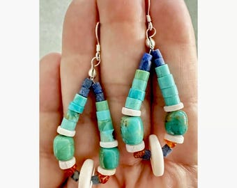 Handmade Heishi Beaded Earrings Genuine Gemstone Turquoise Shell Coral & Lapis Navajo Style Sterling Silver