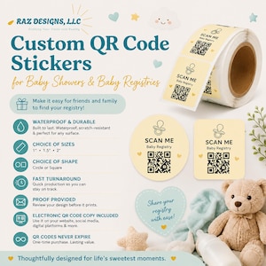 Może przedstawiać: Rolka niestandardowych naklejek z kodem QR do rejestrów dziecięcych, z ikoną smoczka i tekstem SCAN ME Baby Registry. Naklejki są dostępne w rozmiarach 2,54 cm, 3,81 cm i 5,08 cm, w kształcie koła lub kwadratu na jasnym żółtym tle.