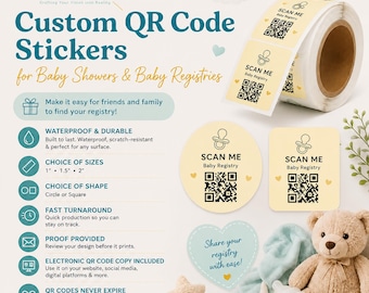 Custom Made Baby Shower RSVP & Baby Registry QR Code Waterproof Stickers (1", 1.5", 2")