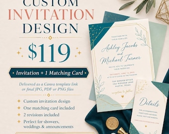 Custom Invitation + 1 Matching Card Design Service: Wedding Baby Shower Party Invite Charity Event Anniversary