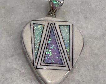 Zuni White Shell Opal Inlay Pendant Geometric Sterling Silver Native American Navajo Jewelry