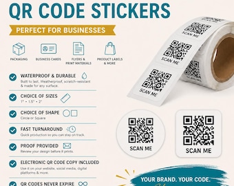 Small Business Custom Waterproof QR Code Stickers for Marketing Packaging Labels (1", 1.5", 2")