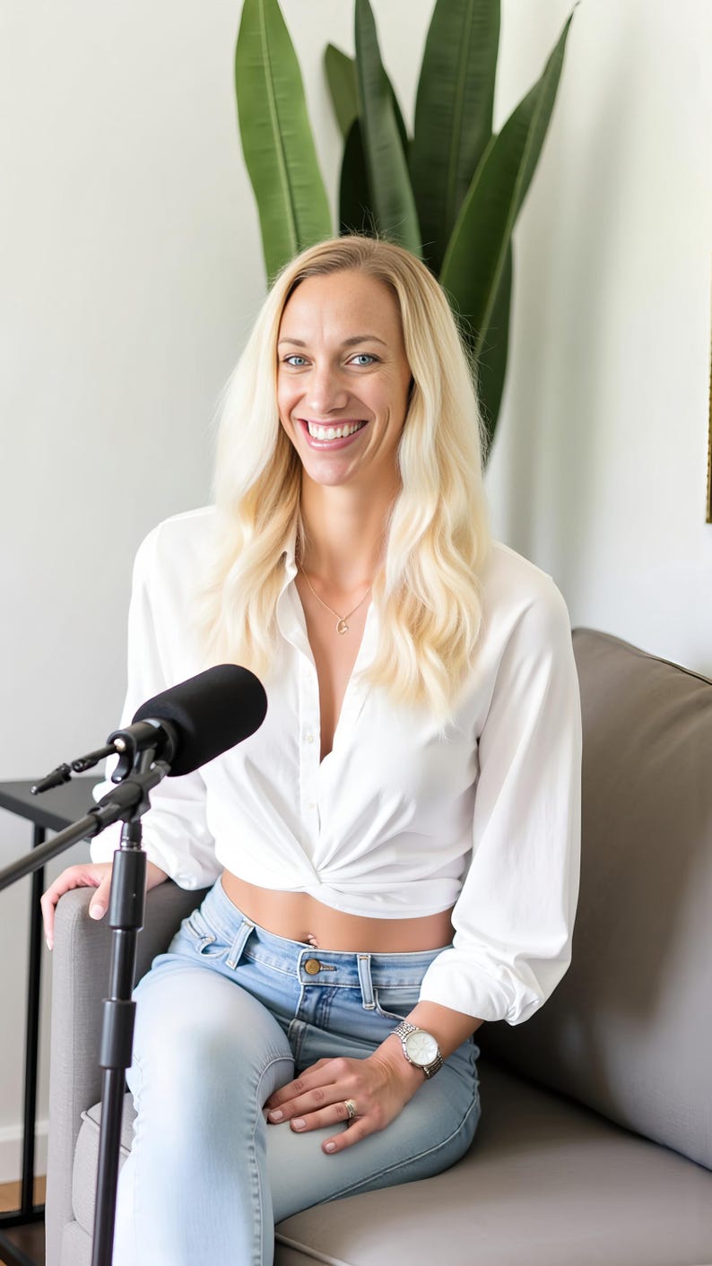 May include: A woman with blonde hair smiles while sitting on a gray couch. She wears a white shirt, light blue jeans, and a silver watch. A black microphone is positioned in front of her, suggesting a podcast or interview setting.