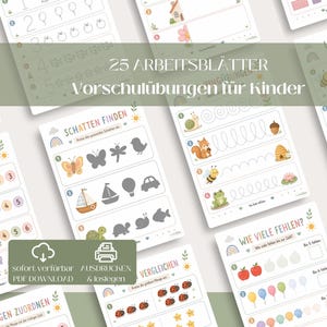 Op de afbeelding: Een verzameling van 25 educatieve werkbladen met voorschoolse oefeningen voor kinderen, inclusief activiteiten zoals tellen, lijnen trekken, schaduwen matchen, doolhoven oplossen en eenvoudige sommen met kleurrijke illustraties van dieren.