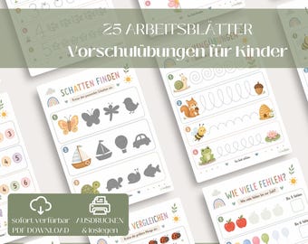 Vorschulheft PDF Download – 25 bunte Lernblätter für Kindergarten, Vorschule, Zahlen, Mengen, Feinmotorik & Konzentration