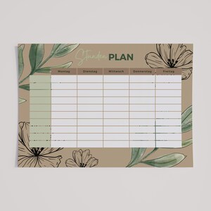 Könnte beinhalten: Ein beiger Wochenplaner mit floralen Illustrationen und den Worten "Stunden PLAN" oben. Der Planer hat ein Raster für jeden Wochentag, mit den Wochentagen auf Deutsch beschriftet.